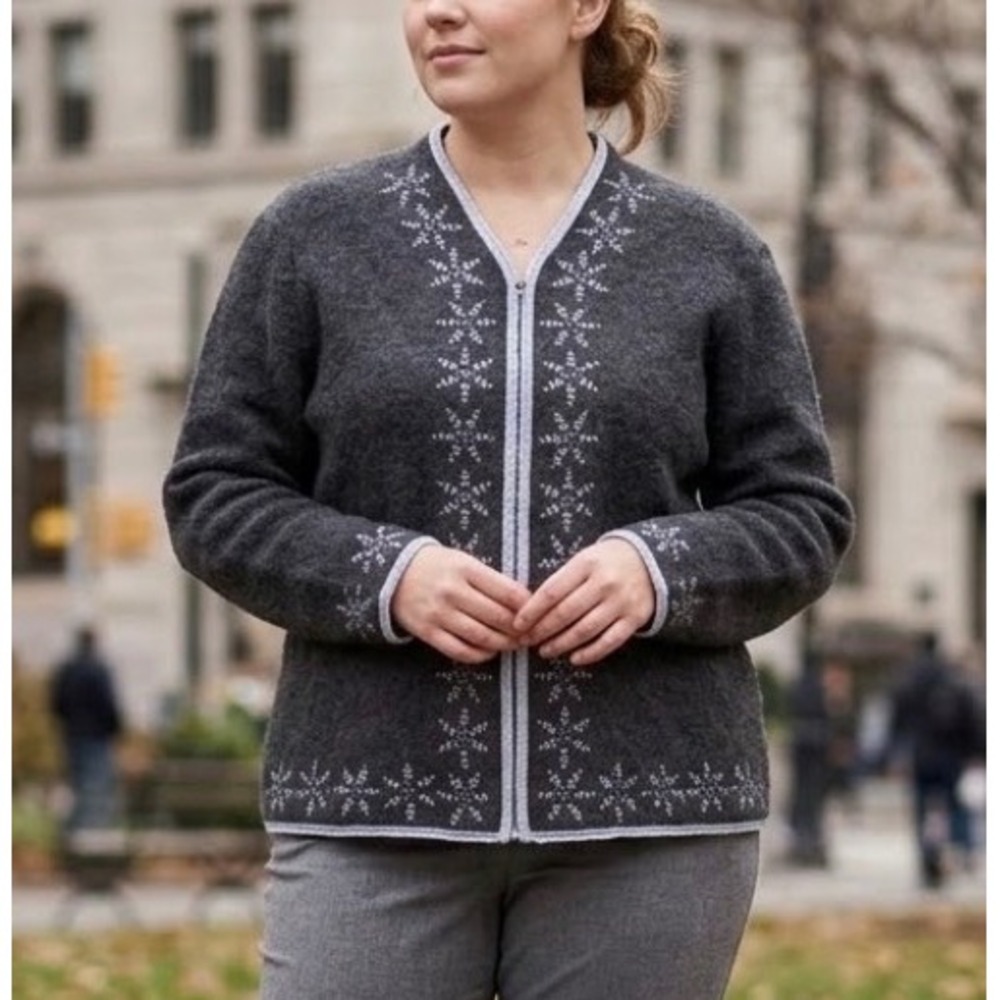 Talbots Petites Boiled Wool Snowflake Embroidered Cardigan Blue Trim Grey MP